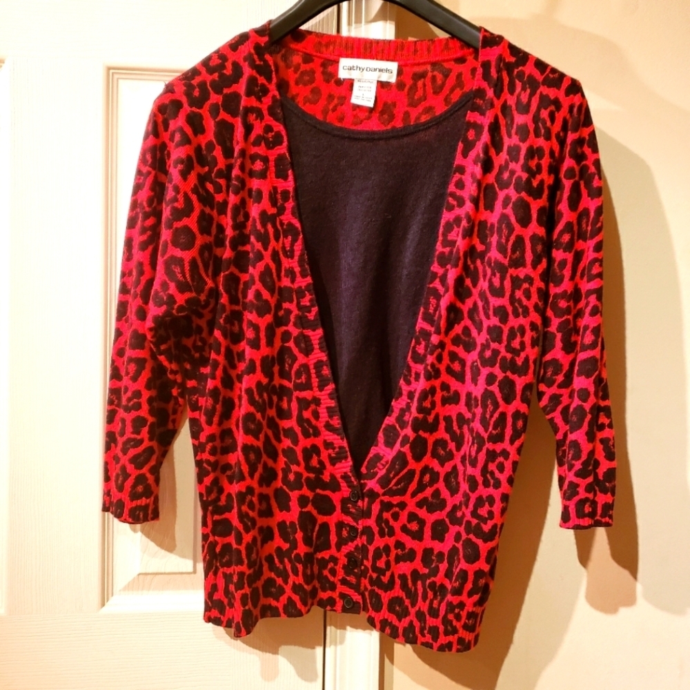Cathy Daniels Red & Black Animal Print Cardigan